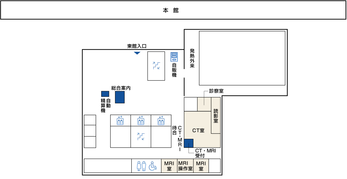 東館1階マップ：本館の「東口」の向かいに「東館」の出入口があります。出入口近くに「総合案内」があります。東館1階には「CT室」「MRI室」「発熱外来」があります。その他「自動精算機」「階段とエレベーター」「トイレ」「自販機」があります。