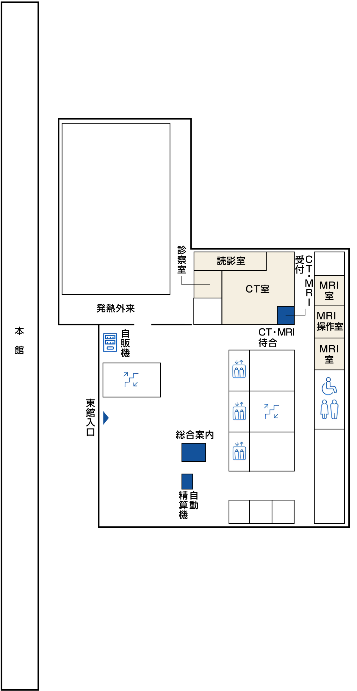 東館1階マップ：本館の「東口」の向かいに「東館」の出入口があります。出入口近くに「総合案内」があります。東館1階には「CT室」「MRI室」「発熱外来」があります。その他「自動精算機」「階段とエレベーター」「トイレ」「自販機」があります。