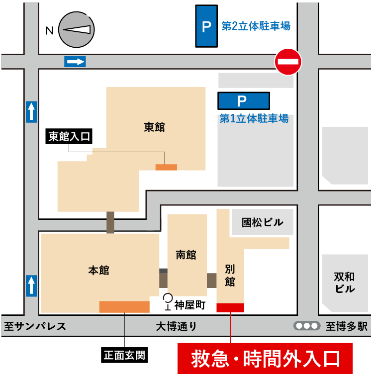 図：時間外受付の入口を表した地図。原三信病院別館に救急・時間外入口があります。